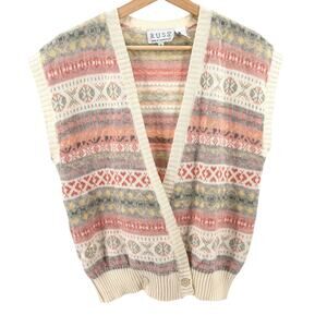 Vintage 80s RUSS Cream Pink Fair Isle Sweater Vest